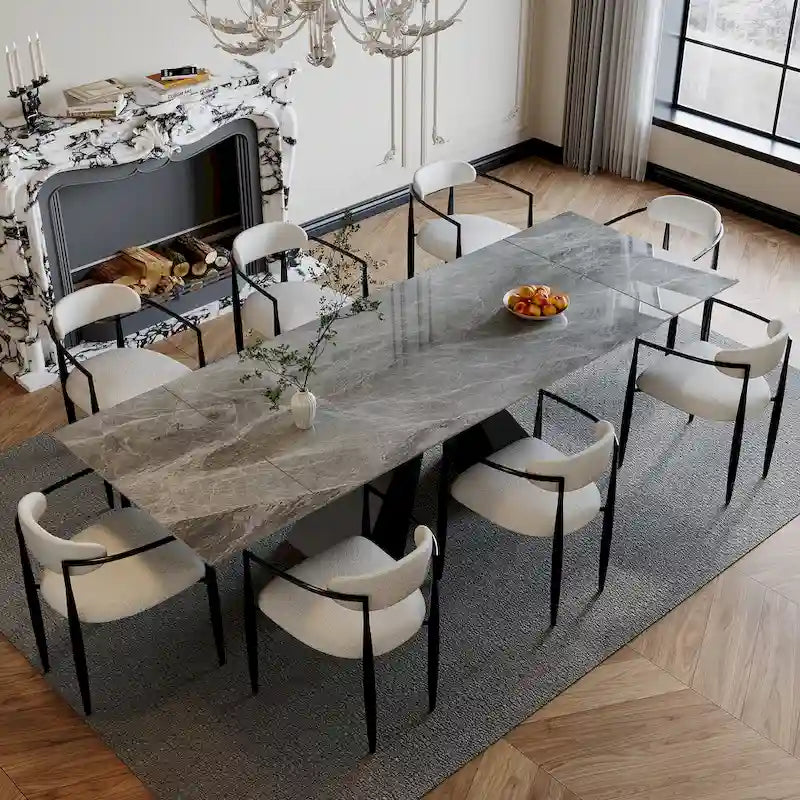 110.24 Inch Modern Minimalist 9 - Piece Extendable Sintered Stone Top Double Pedestal Dining Set