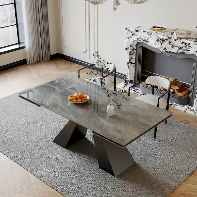 110.24 Inch Modern Minimalist 9 - Piece Extendable Sintered Stone Top Double Pedestal Dining Set
