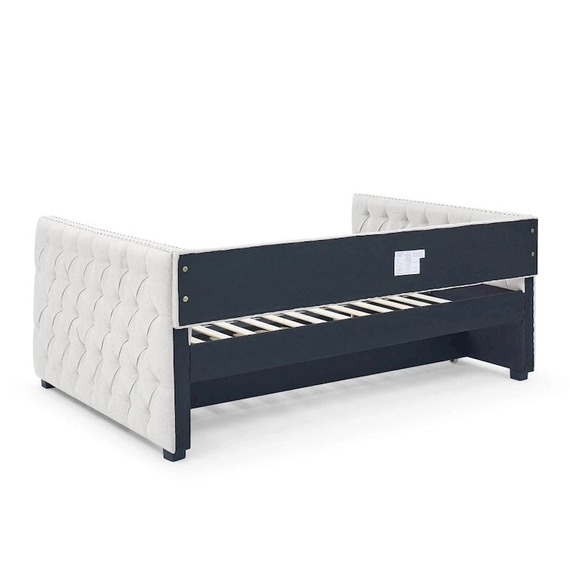 Full Daybed with Trundle Upholstered Tufted Sofa Bed, with Button and Copper Nail on Square Arms