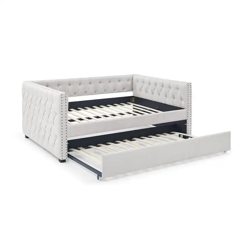 Full Daybed with Trundle Upholstered Tufted Sofa Bed, with Button and Copper Nail on Square Arms