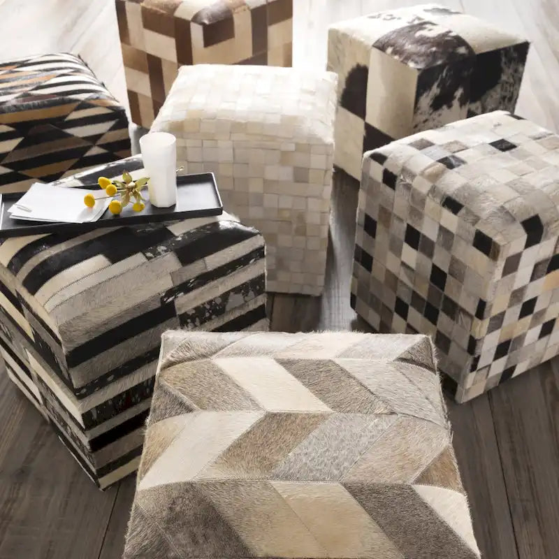 Livabliss Cattle Range Leather Cowhide Cube Pouf Ottoman