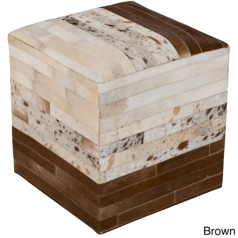 Livabliss Cattle Range Leather Cowhide Cube Pouf Ottoman