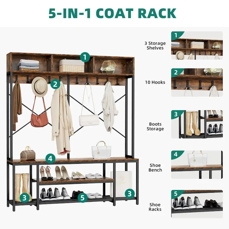 Moasis Industrial Entryway Bench with Coat Rack, 5-in-1 Hall Tree with Shoes Storage