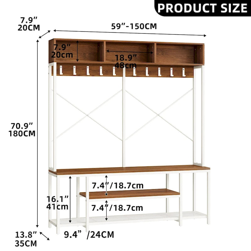Moasis Industrial Entryway Bench with Coat Rack, 5-in-1 Hall Tree with Shoes Storage