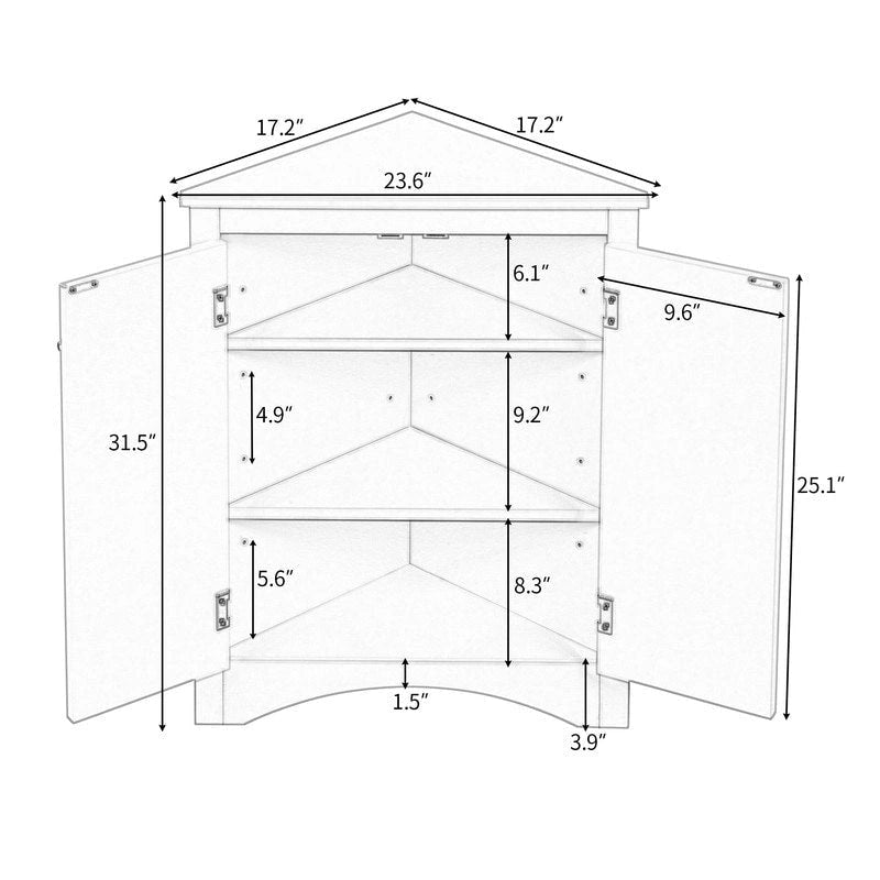 White Triangle Bathroom Storage Cabinet with Adjustable Shelves - 17.2W x 17.2D x 31.5H