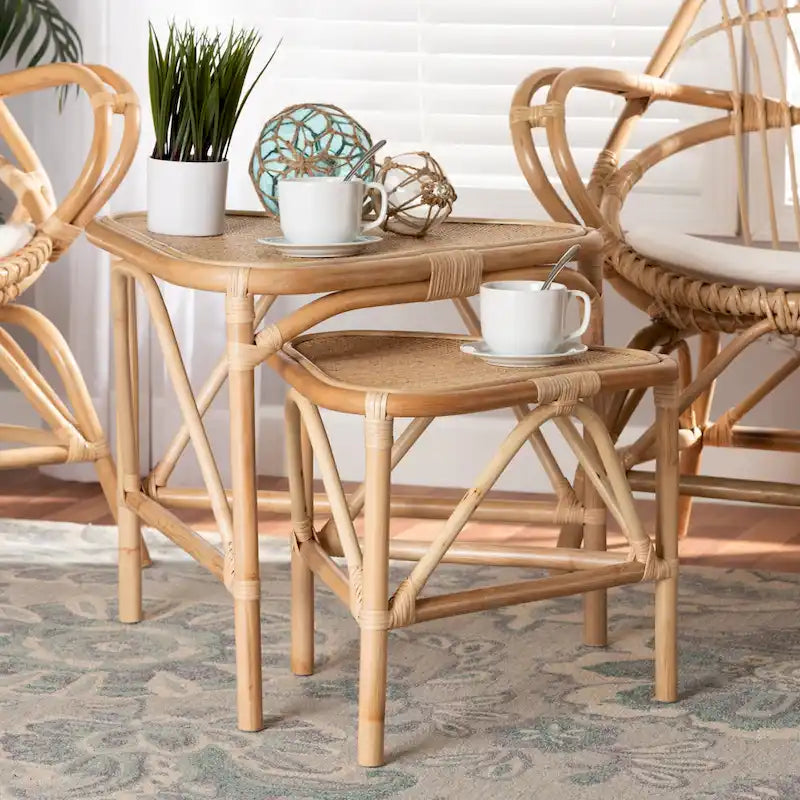 Jayden Bohemian Natural Brown Finished Rattan End Table Set(2PC)