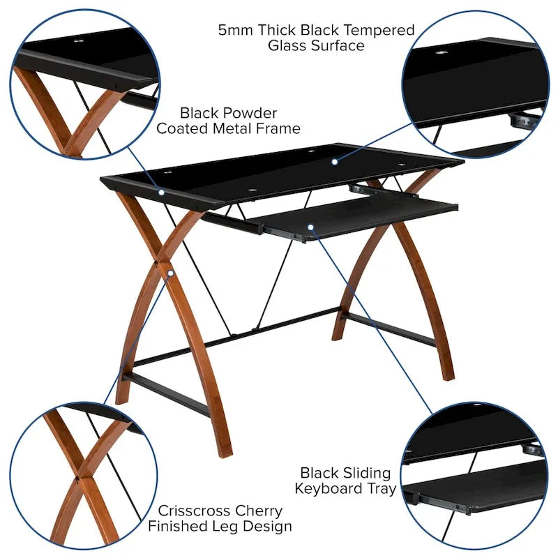 Modern Glass Top Computer Desk with Pull-out Keyboard Tray