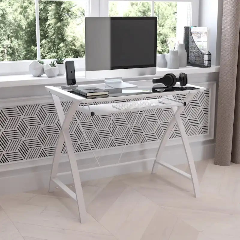 Modern Glass Top Computer Desk with Pull-out Keyboard Tray