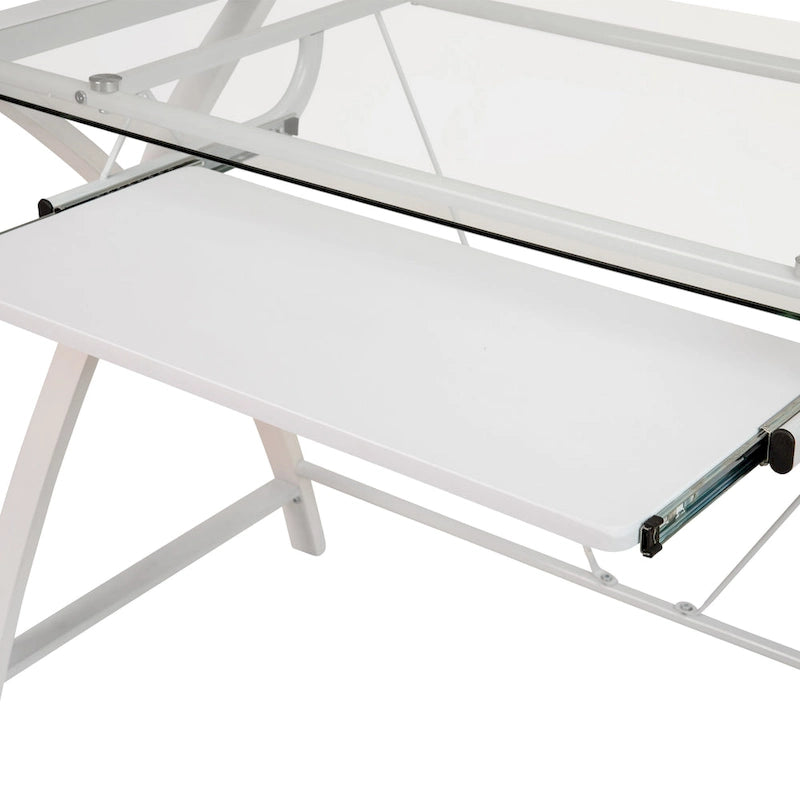 Modern Glass Top Computer Desk with Pull-out Keyboard Tray