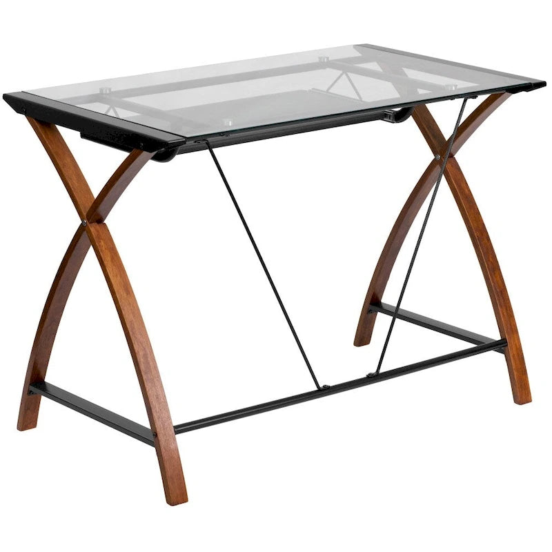 Modern Glass Top Computer Desk with Pull-out Keyboard Tray