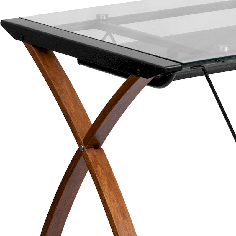 Modern Glass Top Computer Desk with Pull-out Keyboard Tray