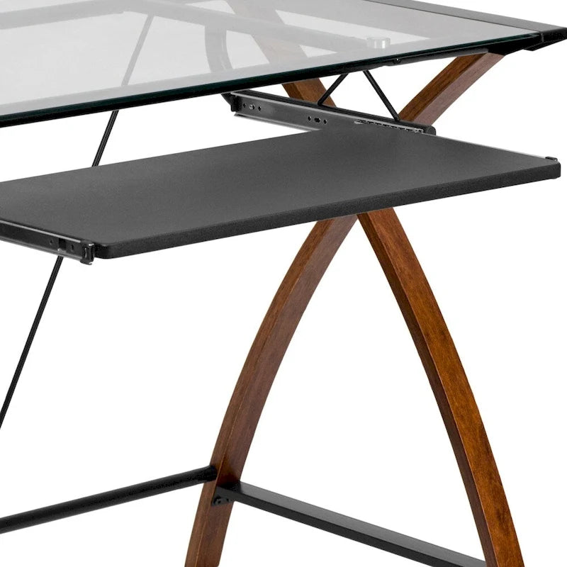 Modern Glass Top Computer Desk with Pull-out Keyboard Tray