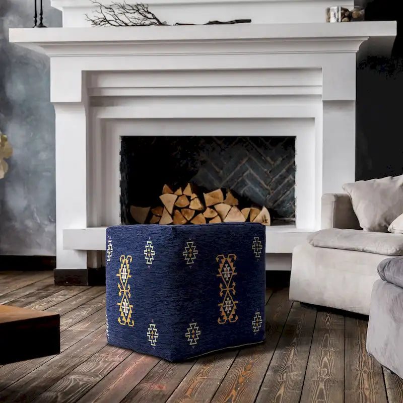 Sevita Navy/Mustard Traditional Damask Polyester Blend Pouf