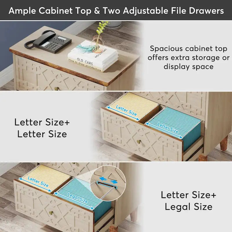 2 Drawer Lateral File Cabinet, Office Filing Cabinet for A4 / Letter Size/Legal Size Files