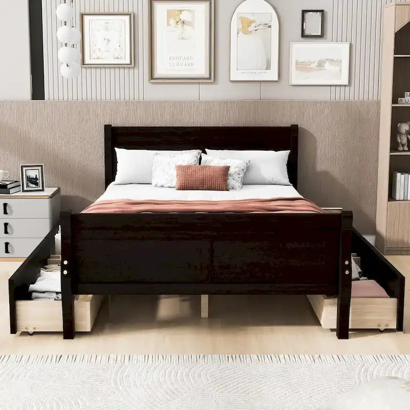 Wood Platform Bed with 4 Drawers and Streamlined Design