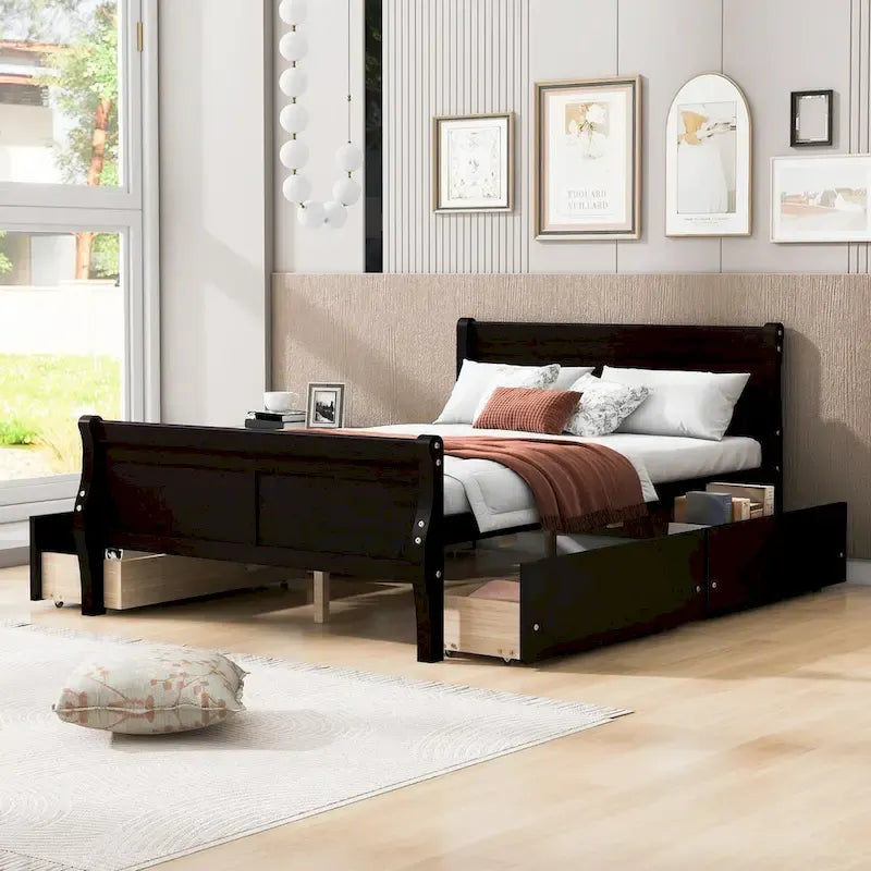 Wood Platform Bed with 4 Drawers and Streamlined Design