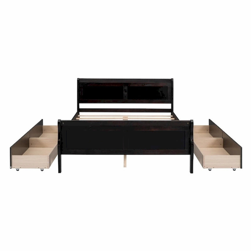 Wood Platform Bed with 4 Drawers and Streamlined Design