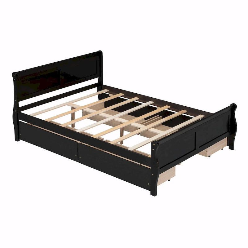 Wood Platform Bed with 4 Drawers and Streamlined Design