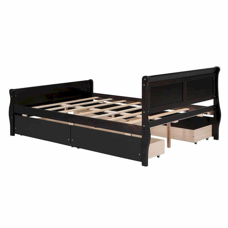 Wood Platform Bed with 4 Drawers and Streamlined Design