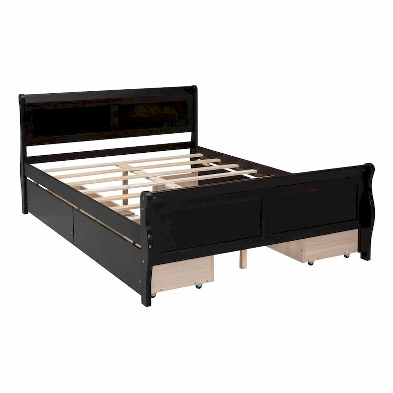 Wood Platform Bed with 4 Drawers and Streamlined Design