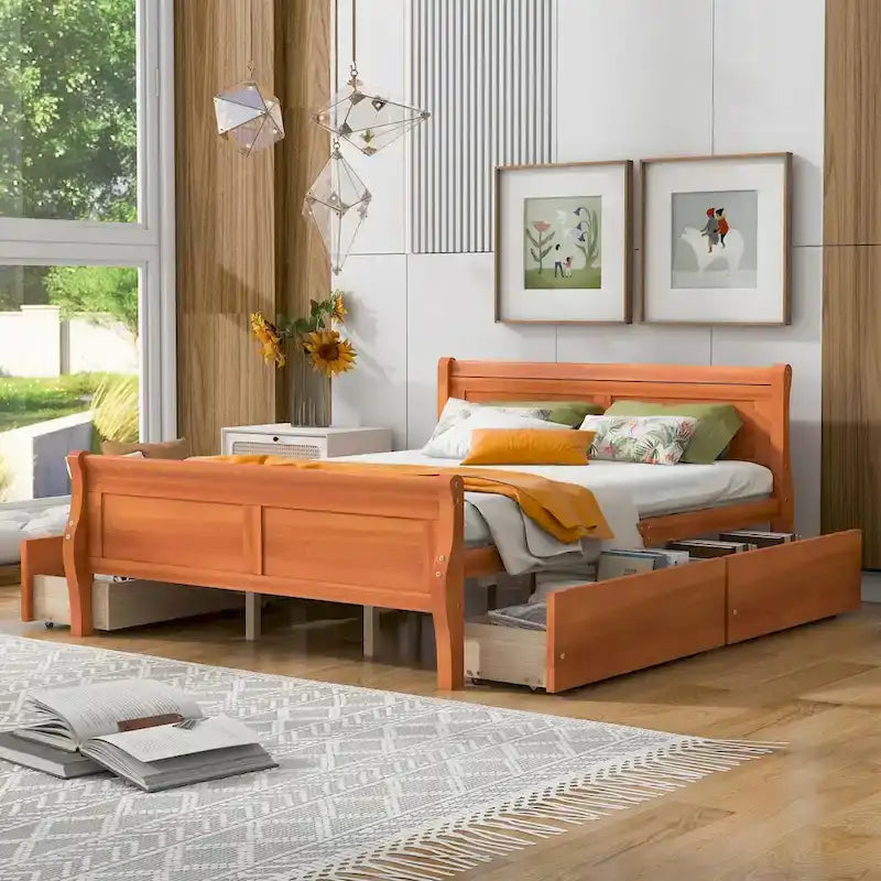 Wood Platform Bed with 4 Drawers and Streamlined Design