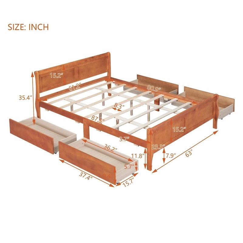 Wood Platform Bed with 4 Drawers and Streamlined Design