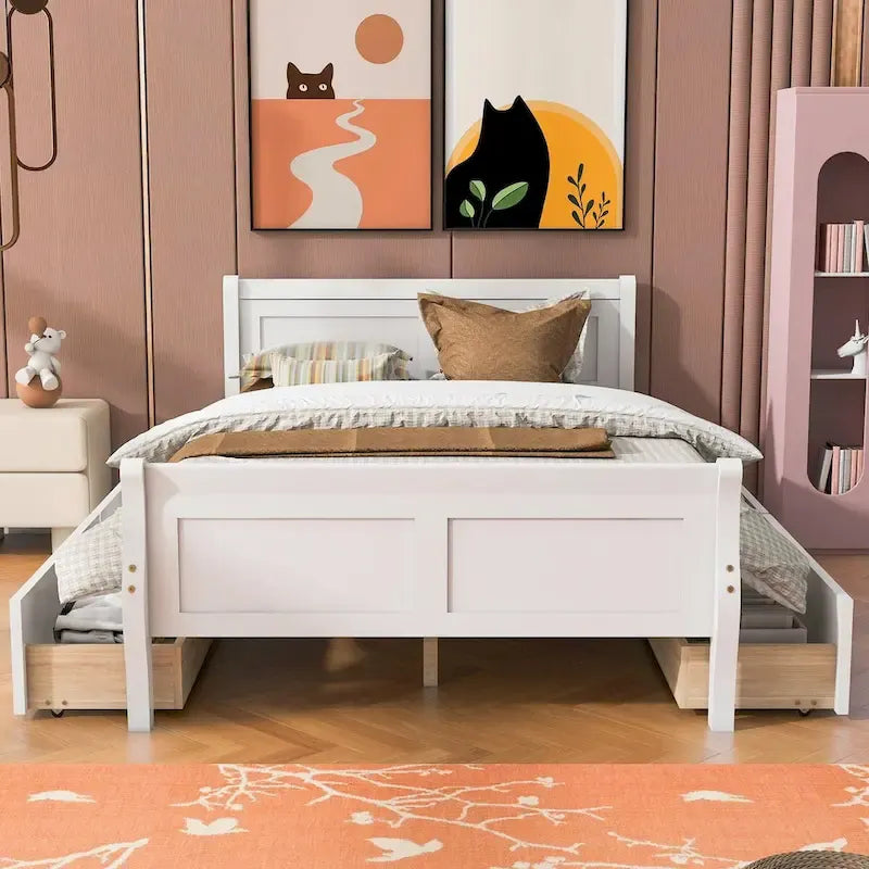 Wood Platform Bed with 4 Drawers and Streamlined Design