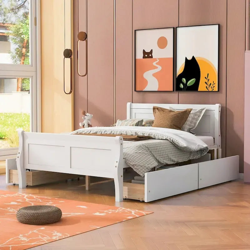 Wood Platform Bed with 4 Drawers and Streamlined Design