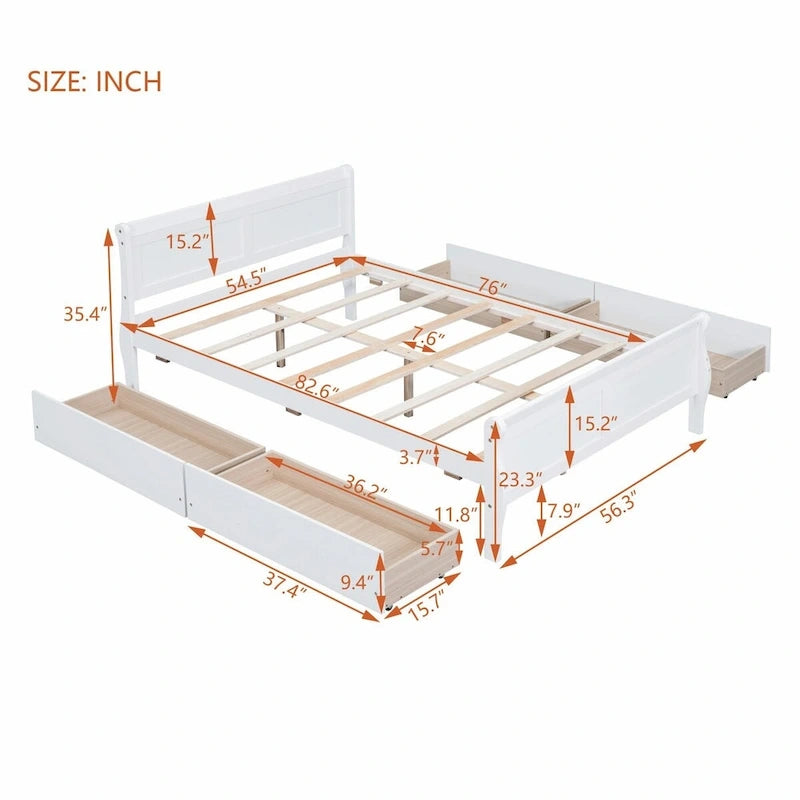 Wood Platform Bed with 4 Drawers and Streamlined Design