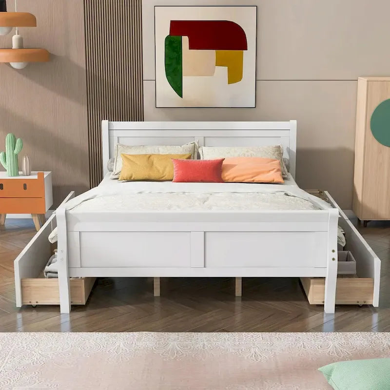 Wood Platform Bed with 4 Drawers and Streamlined Design