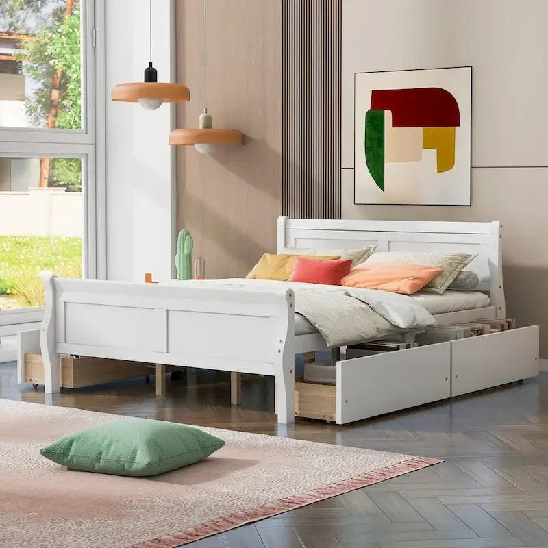 Wood Platform Bed with 4 Drawers and Streamlined Design