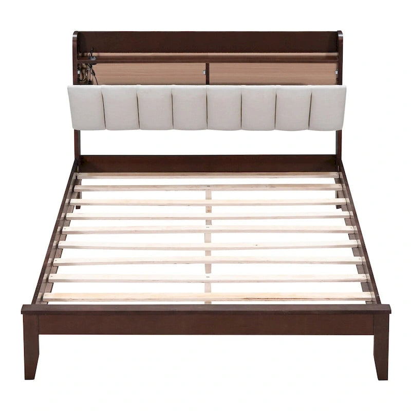 Platform Bed with USB Charging Station and Storage Upholstered Headboard,LED Bed Frame,No Box Spring Needed