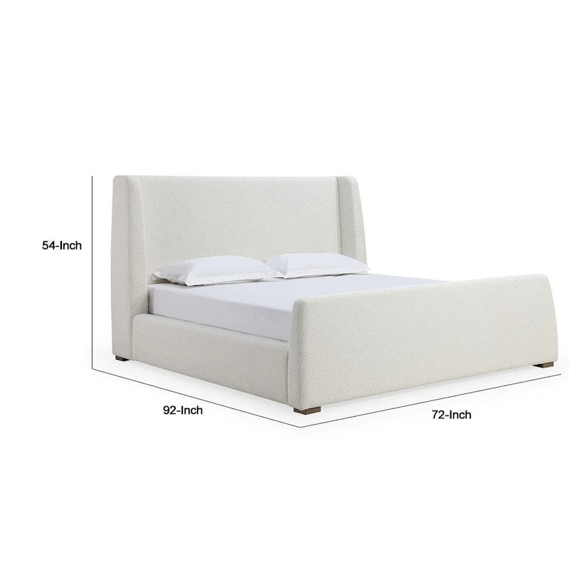 Mosi Queen Platform Bed, Wingback Headboard, White Boucle Fabric Upholstery
