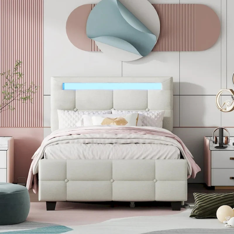 Twin Size Upholstered Platform Bed with LED Frame and 2 Drawers