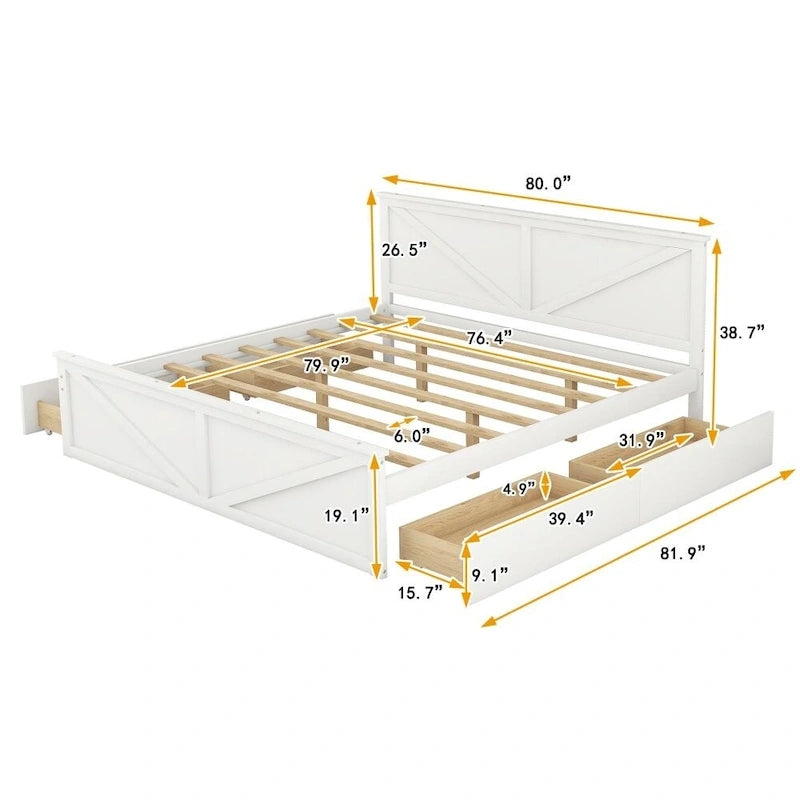 King Size Wooden Platform Bed with Four Storage Drawers and Support Legs