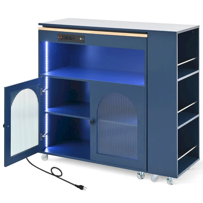 Kitchen Island With Extended Table and LED Lights