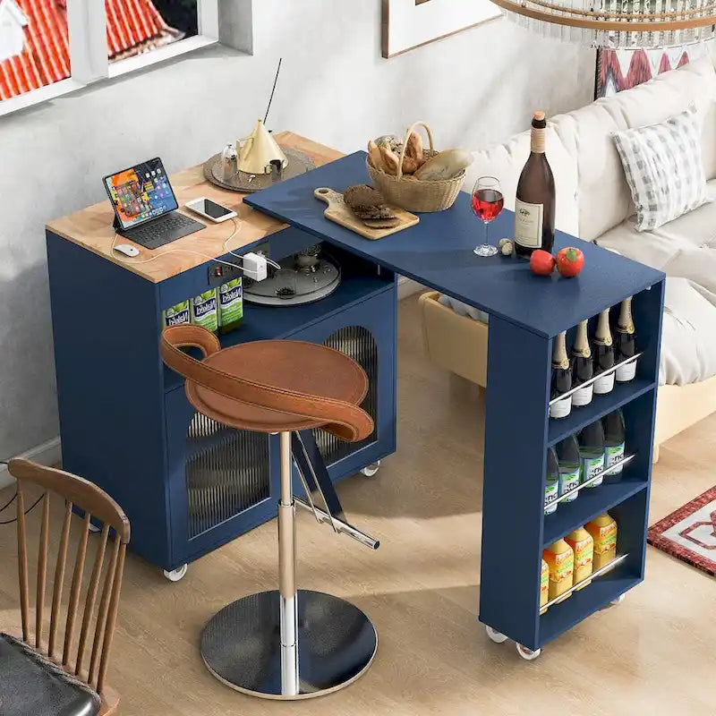 Kitchen Island With Extended Table and LED Lights