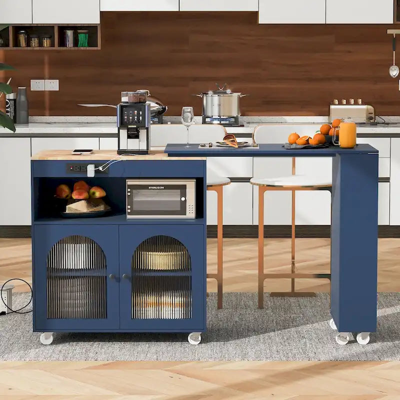 Kitchen Island With Extended Table and LED Lights