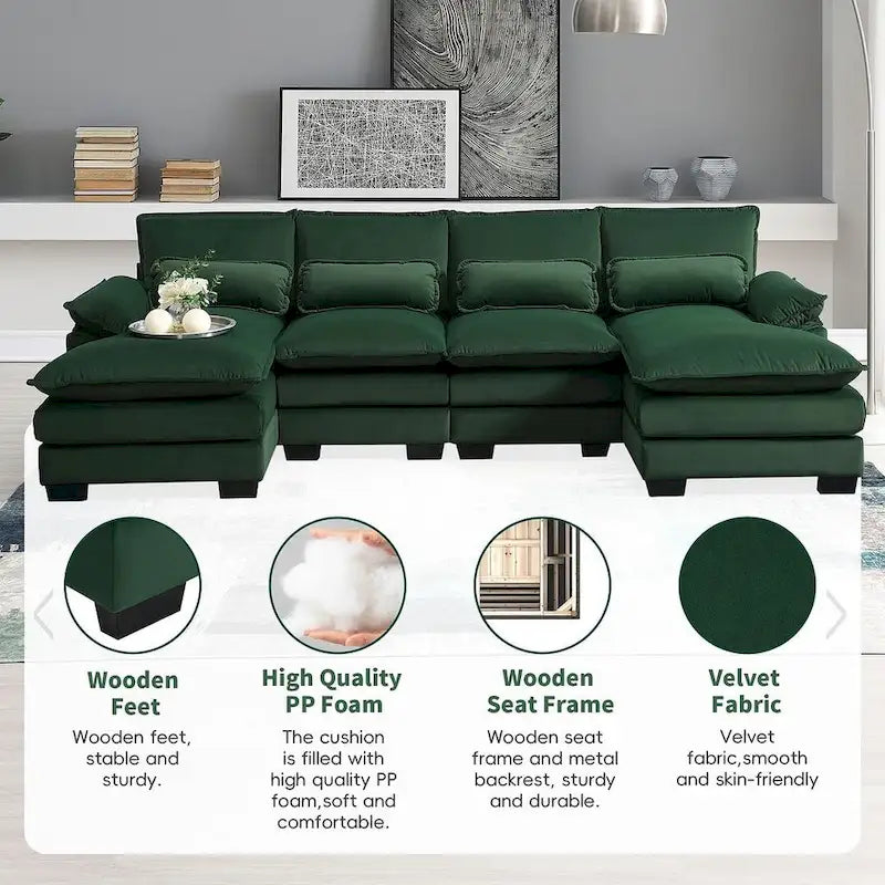 6-seat U-shaped Sectional Sofa, Sleeper Sectional with Waist Pillows for Living Room, Apartment
