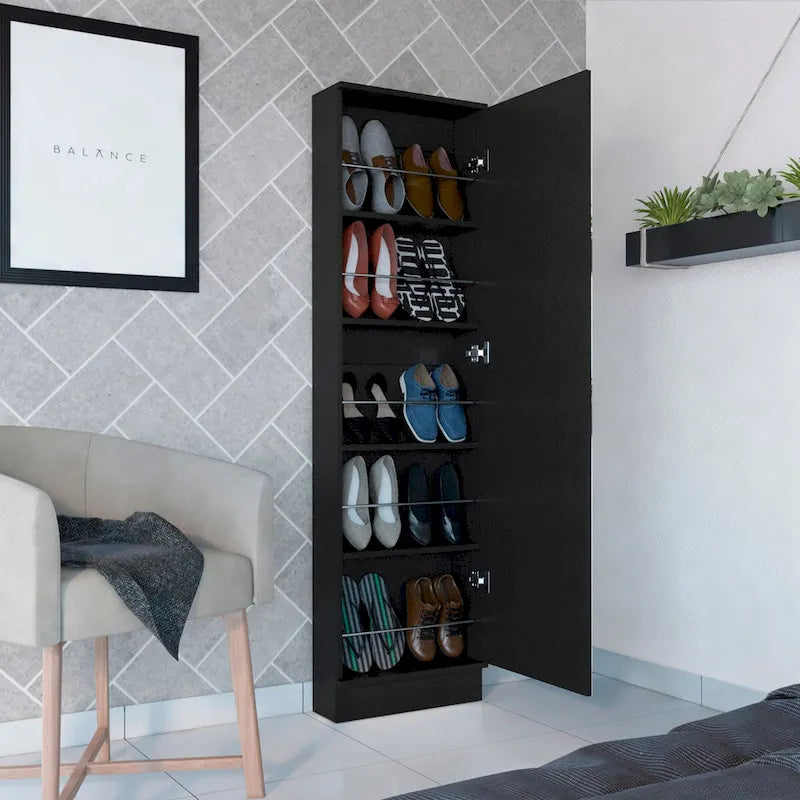 Shoe Rack Chimg, Mirror, Five Interior Shelves, Single Door Cabinet, White Finish