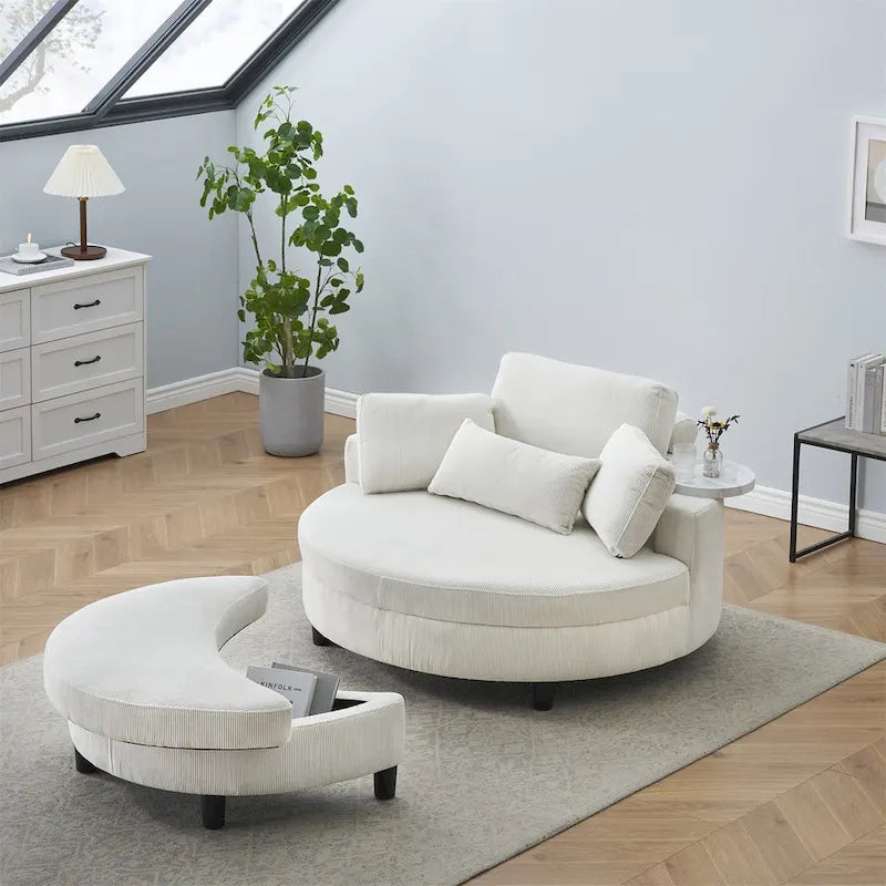 Corduroy Sofa Chair with Ottoman, 2 Throw Pillows and 1 Waist Pillow