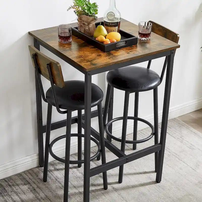 Grondin Industrial Style 3-Piece Bar Table Set with 2 PU Soft Seat Bar Stools and Backrest, Counter Height Dining Set for 2