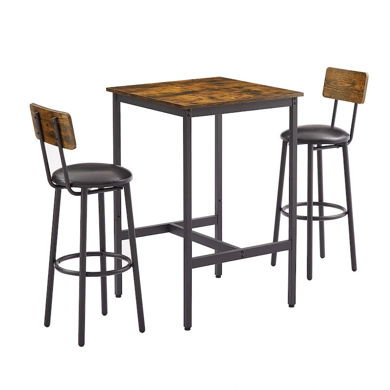 Grondin Industrial Style 3-Piece Bar Table Set with 2 PU Soft Seat Bar Stools and Backrest, Counter Height Dining Set for 2