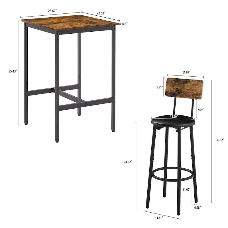 Grondin Industrial Style 3-Piece Bar Table Set with 2 PU Soft Seat Bar Stools and Backrest, Counter Height Dining Set for 2