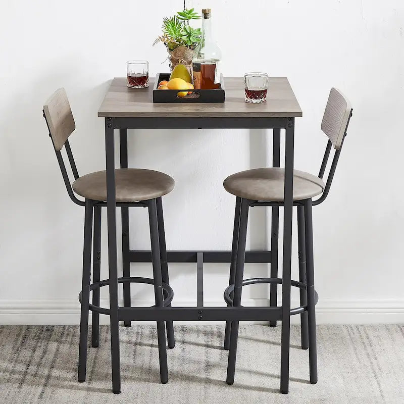 Grondin Industrial Style 3-Piece Bar Table Set with 2 PU Soft Seat Bar Stools and Backrest, Counter Height Dining Set for 2