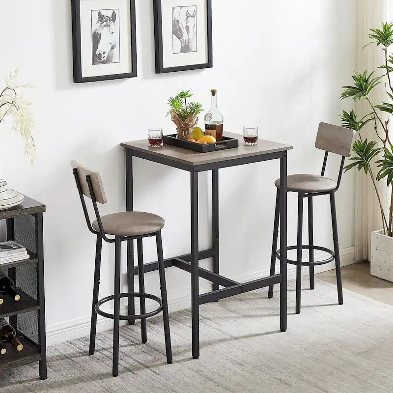 Grondin Industrial Style 3-Piece Bar Table Set with 2 PU Soft Seat Bar Stools and Backrest, Counter Height Dining Set for 2