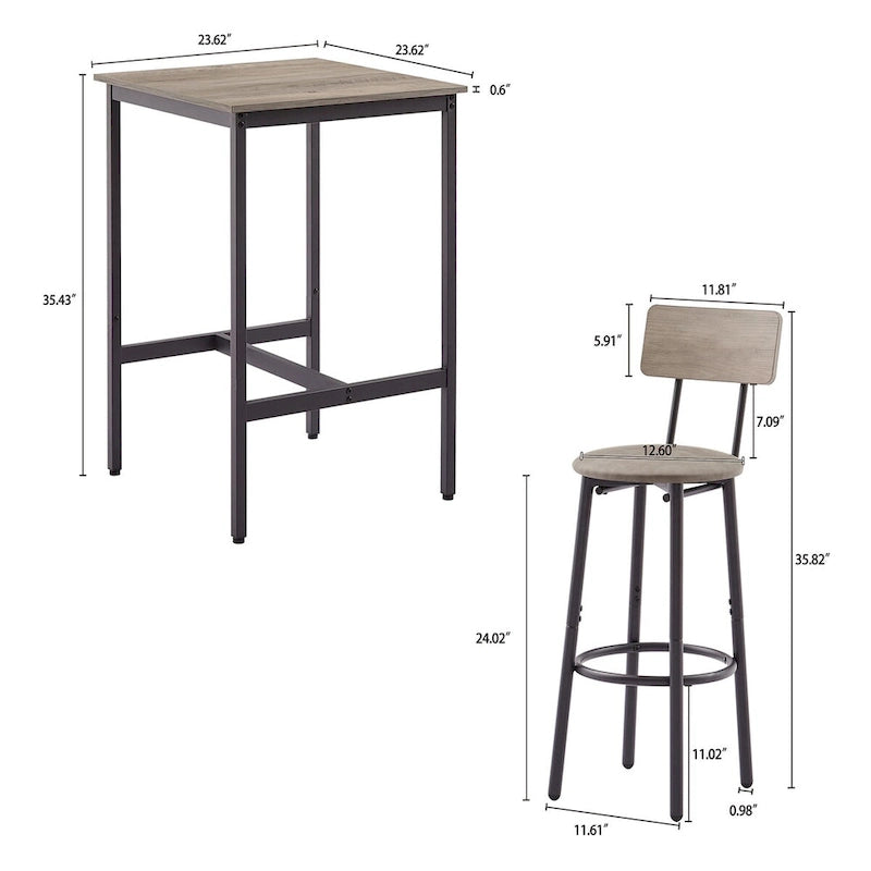Grondin Industrial Style 3-Piece Bar Table Set with 2 PU Soft Seat Bar Stools and Backrest, Counter Height Dining Set for 2