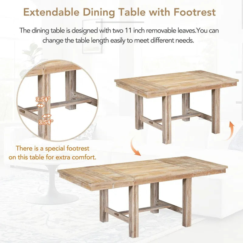 82inch 6-Piece Extendable Dining Table with Footrest,4 Upholstered Dining Chairs,Bench,Two 11Removable Leaf,Beige Cushion