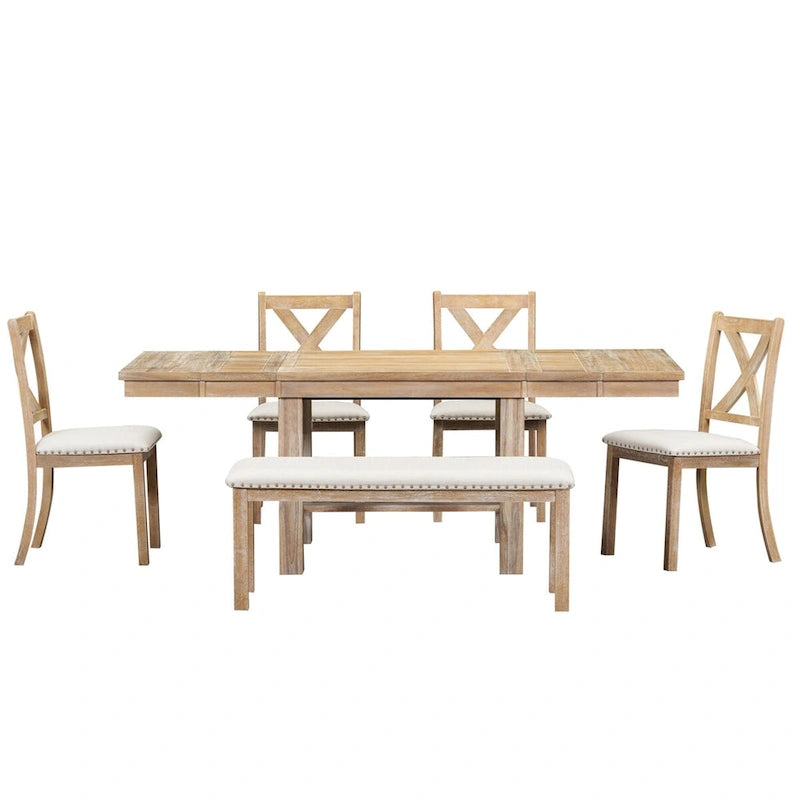 82inch 6-Piece Extendable Dining Table with Footrest,4 Upholstered Dining Chairs,Bench,Two 11Removable Leaf,Beige Cushion