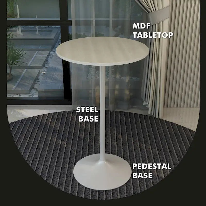 LeisureMod Verve 27 Round Dining Table with MDF Wood TableTop and White Steel Base for Kitchen & Dining Room